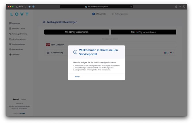 Pop-Up im LOVT Floridsdorf Garagen-Portal mit der Aufforderung das Profil zu vervollständigen