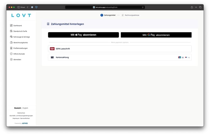 Die verfügbaren Zahlungsmethoden um das LOVT Floridsdorf Garagen-Profil einzurichten